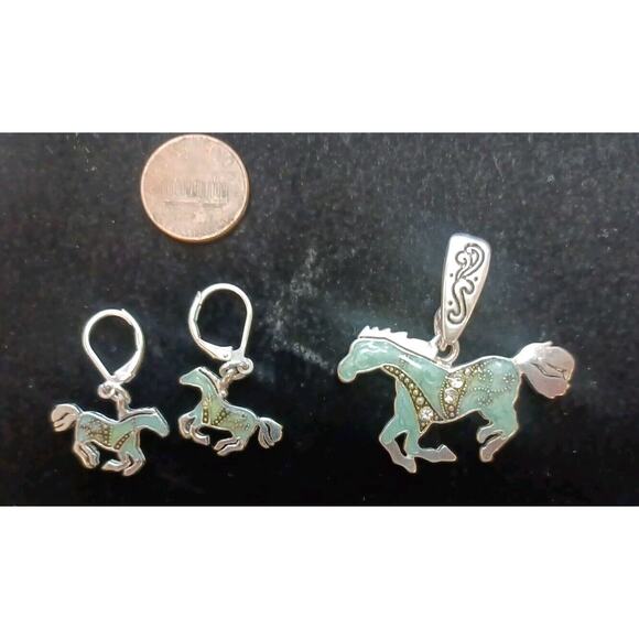 Enameled Blue Horse Charm and Earrings Western Cowboy Rodeo Range Pierced - Picture 7 of 8